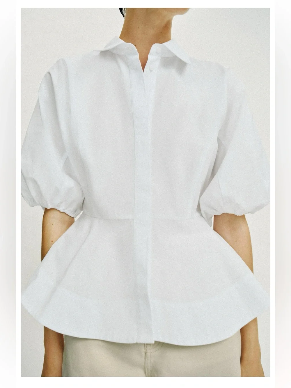 Zara White peplum shirt with Puff Sleeve